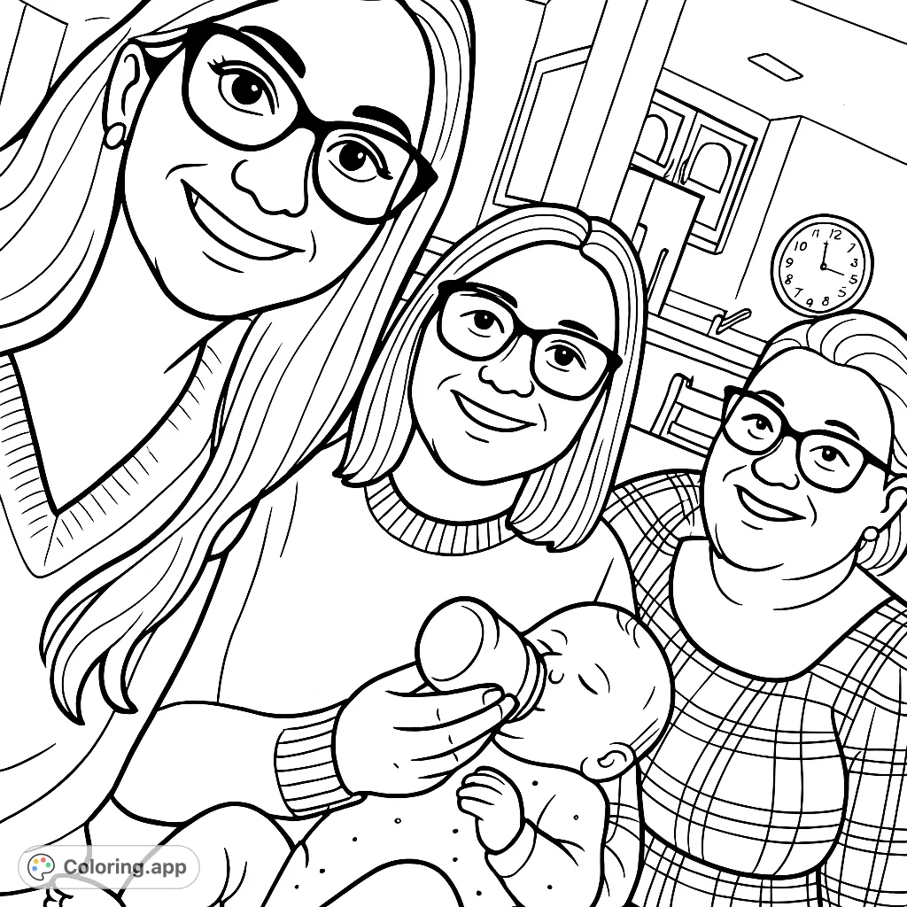 A heartwarming scene featuring three generations of women sharing a joyful moment with an infant, symbolizing family bonds and tenderness. Perfect for coloring.
