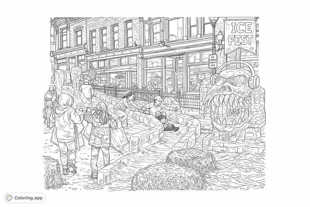 Experience a lively street scene featuring grand ice sculptures, a winding ice slide, and joyous people. A detailed ice fest coloring page for winter fun.