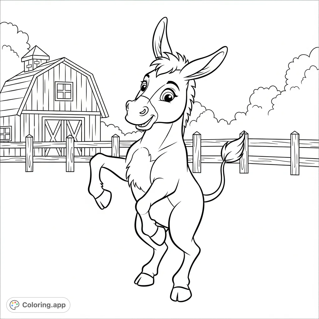 A cheerful donkey doing a playful dance on a farm. This delightful dancing donkey coloring page offers joy for coloring pages for kids.