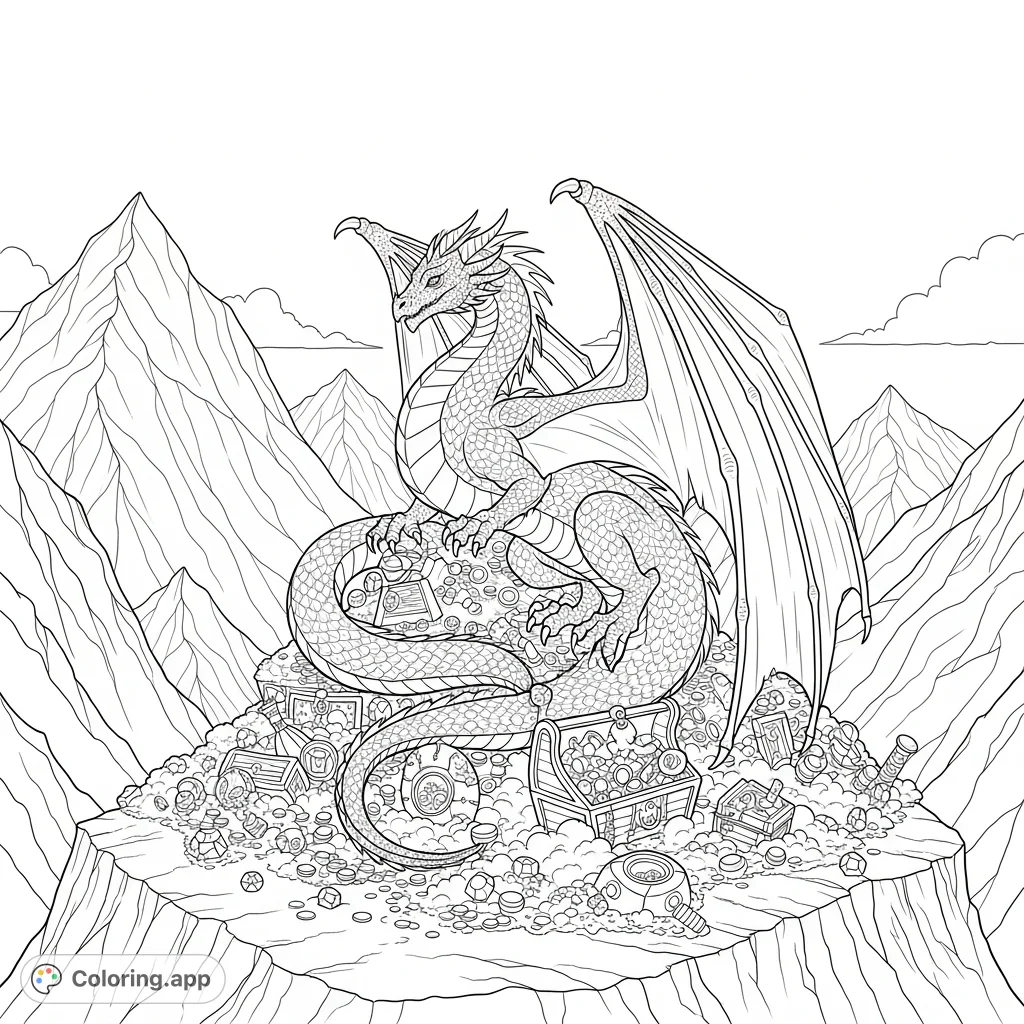 A majestic fantasy dragon guards its vast treasure hoard atop a rugged mountain, perfect for an epic adventure coloring page.