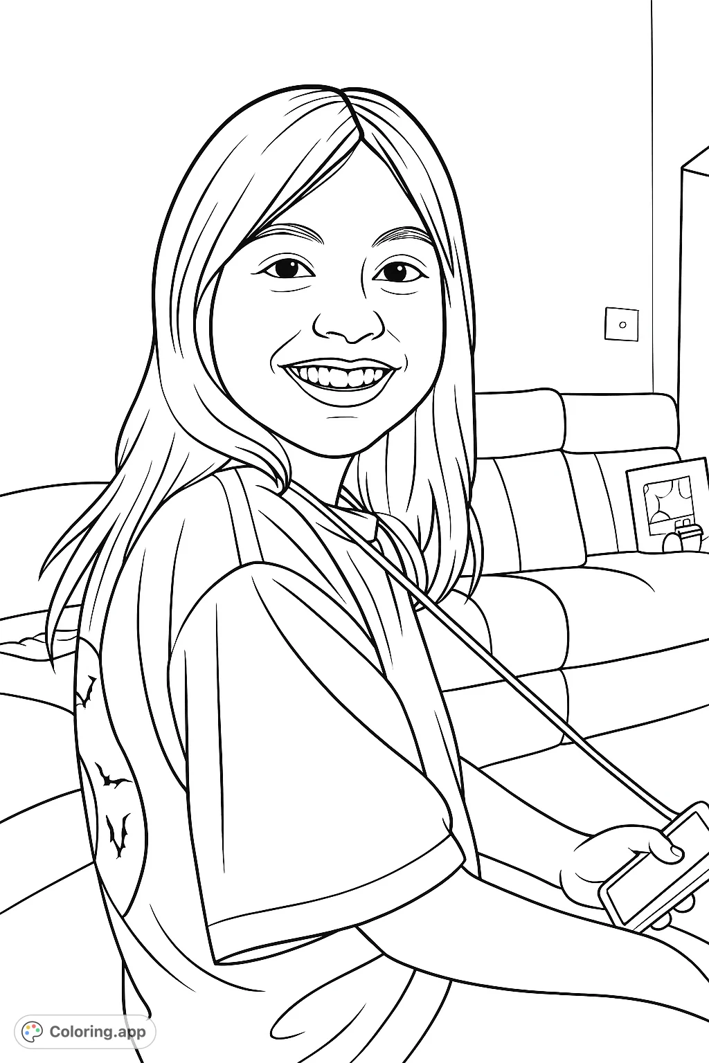 A heartwarming portrait of a smiling young person, perfect for personalizing with your favorite colors. Features a cozy indoor setting.