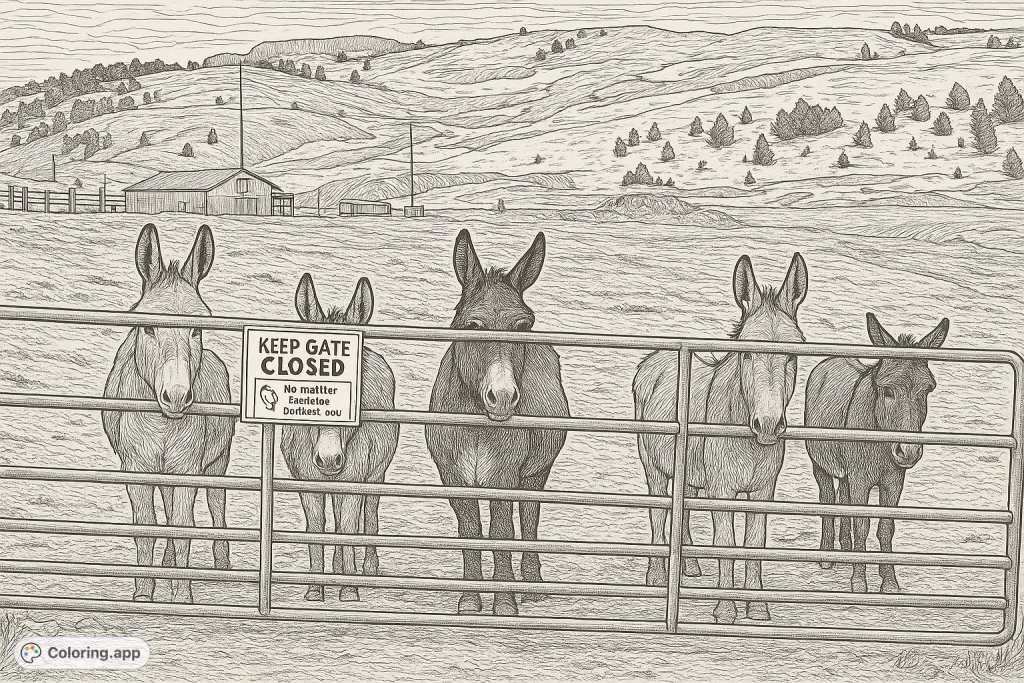A charming vintage scene featuring a group of donkeys peering over a farm fence with a humorous sign, set against a detailed snowy landscape.