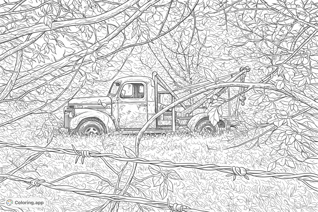 An old tow truck rests amidst lush foliage and barbed wire, offering a highly detailed vintage scene for creative coloring enjoyment.