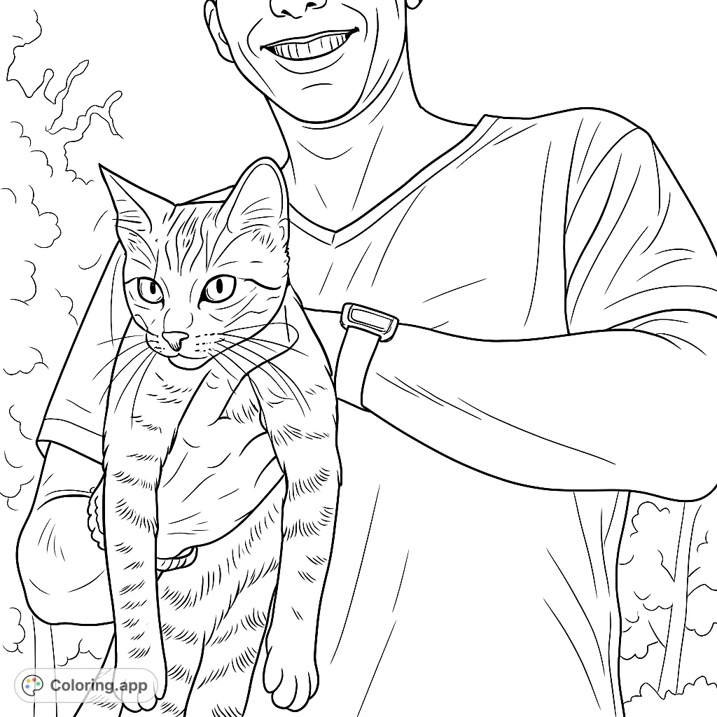 A heartwarming scene of a smiling individual lovingly cradling a striped feline companion. A perfect coloring page to celebrate the special bond between pets and their owners.