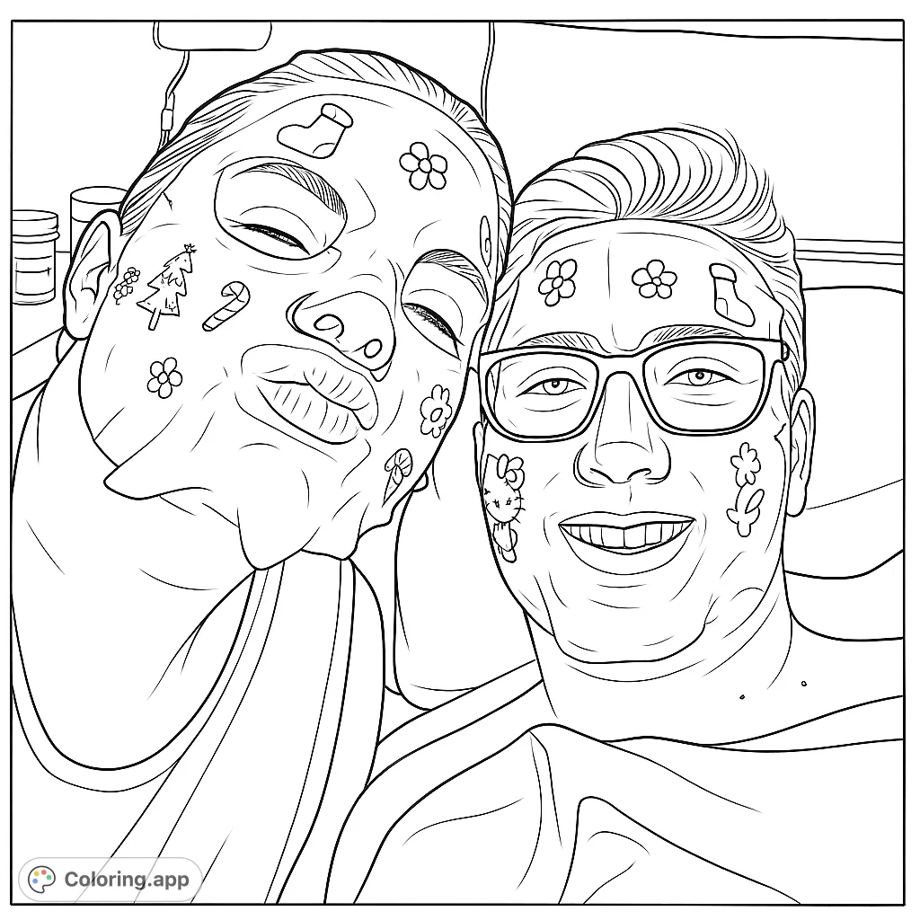 Capture a moment of relaxation and joy with this fun face mask coloring page. Features two individuals wearing patterned masks, perfect for creative expression.