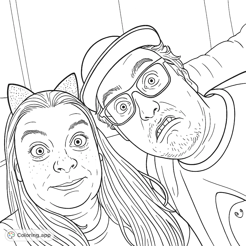 A fun coloring page featuring two friends making exaggerated, playful facial expressions. One wears cat ears, the other a hat and glasses.