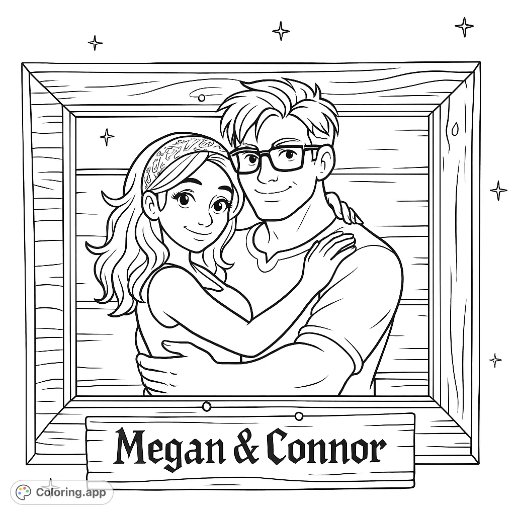 A charming portrait of a couple embracing within a rustic wooden frame, perfect for personalizing with your favorite hues. Features a decorative banner and starry background.