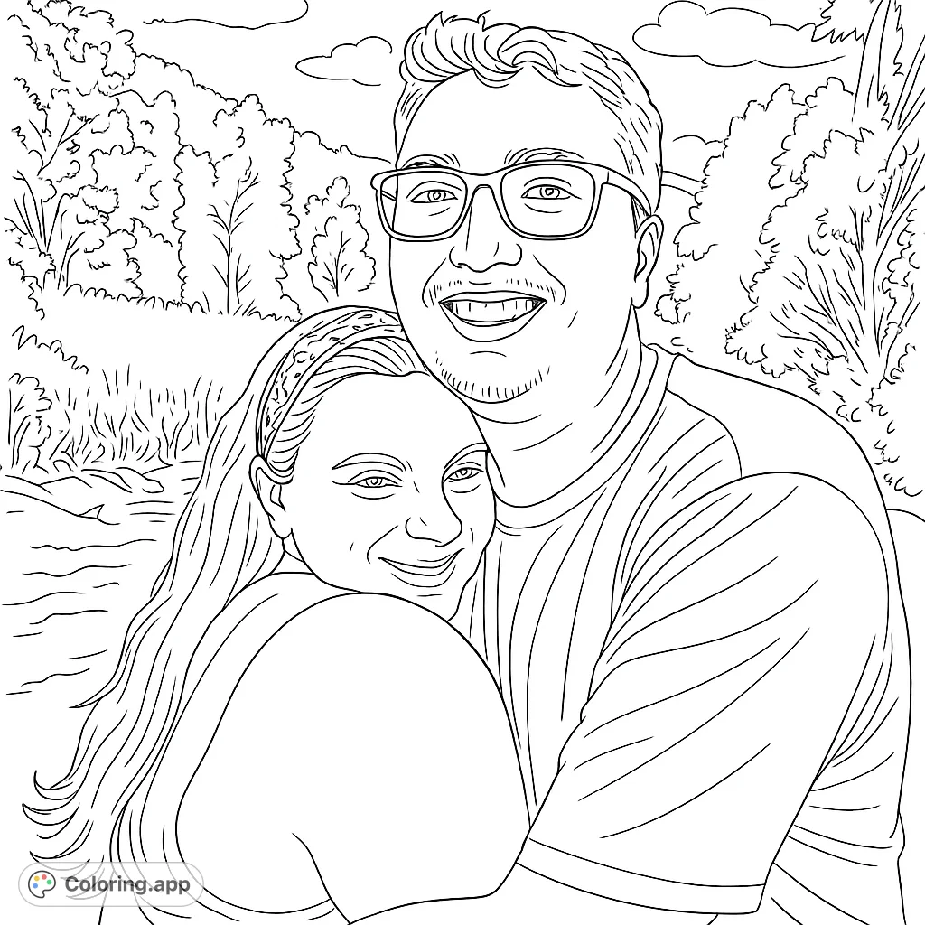 A heartwarming coloring page featuring a loving couple embracing in a serene natural setting with a stream, trees, and hills. Perfect for expressing affection.