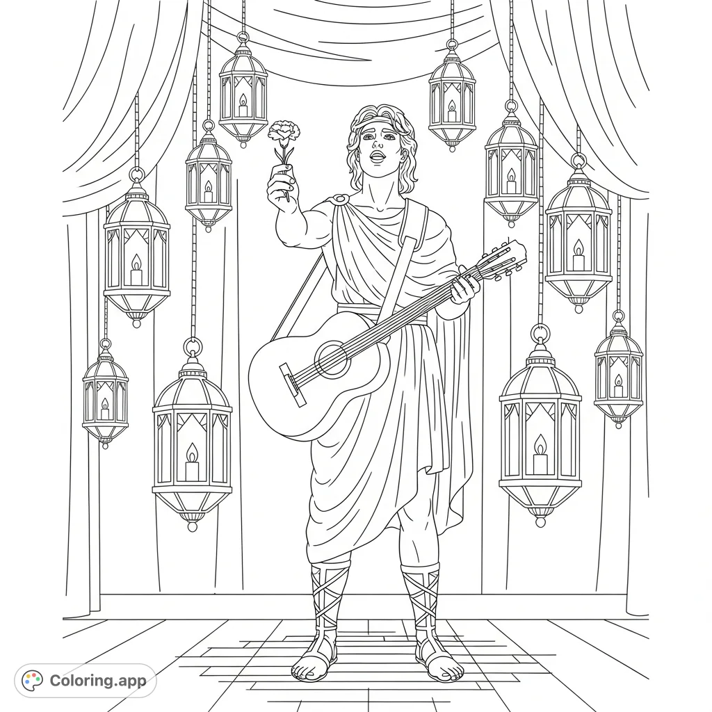 Orpheus from Hadestown on stage, singing with a carnation bulb, guitar on his back, surrounded by swinging lanterns. A dramatic musical theatre scene.