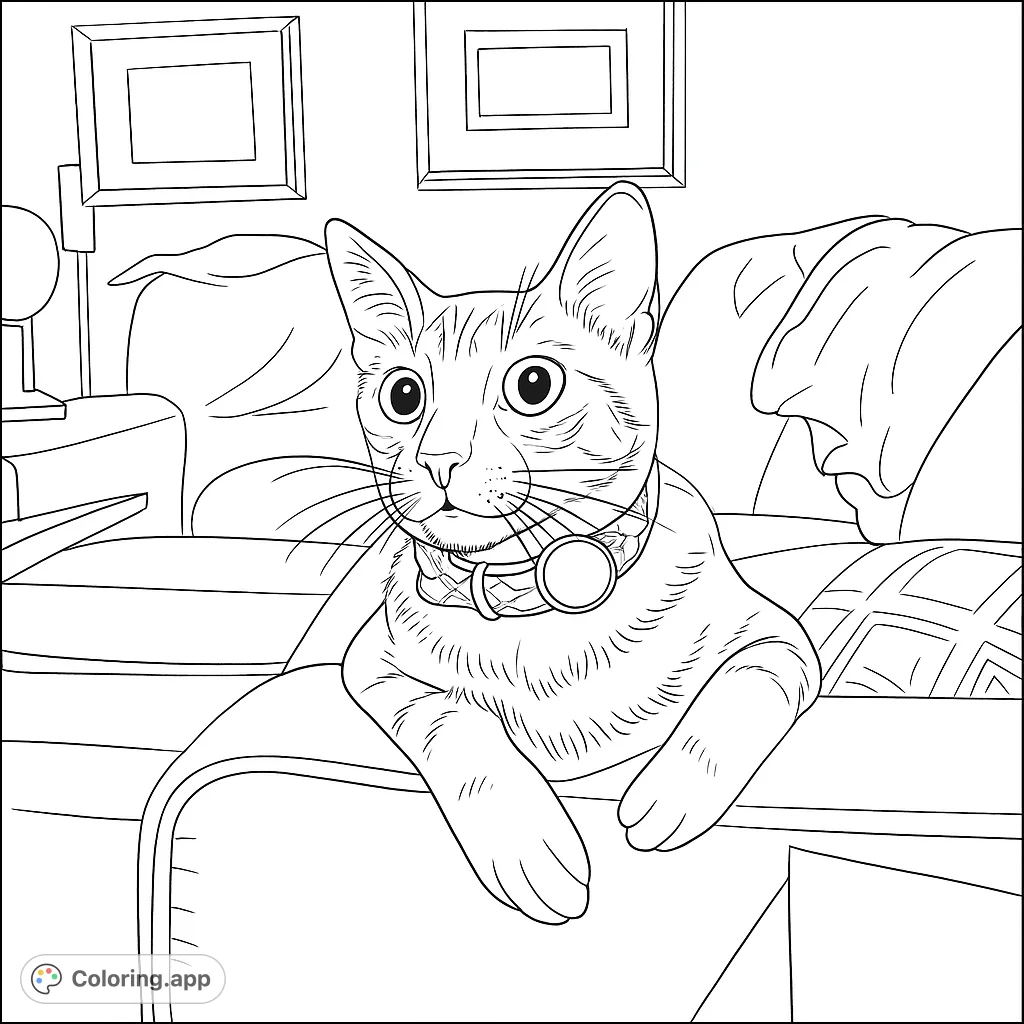 A charming cat with wide eyes and a patterned collar rests on a couch, inviting you to add vibrant hues to its detailed fur and cozy surroundings.