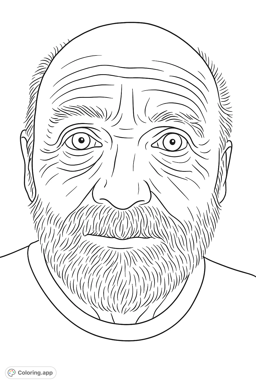 An intricate portrait of an older man with a textured beard and detailed facial features. Perfect for adult colorists seeking a realistic and engaging challenge.