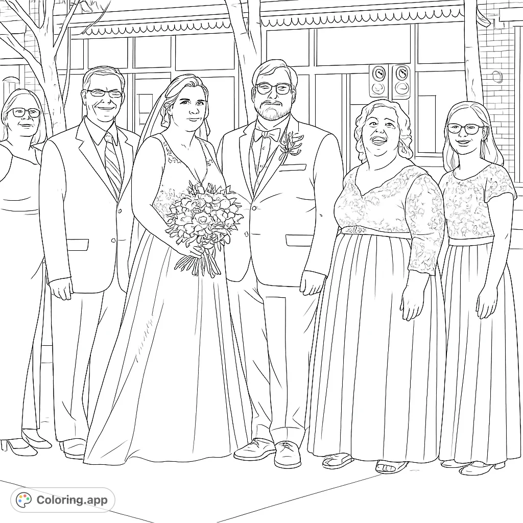 Celebrate a special day with this elegant wedding party coloring page. Featuring a bride, groom, and family in detailed formal attire, perfect for all ages.