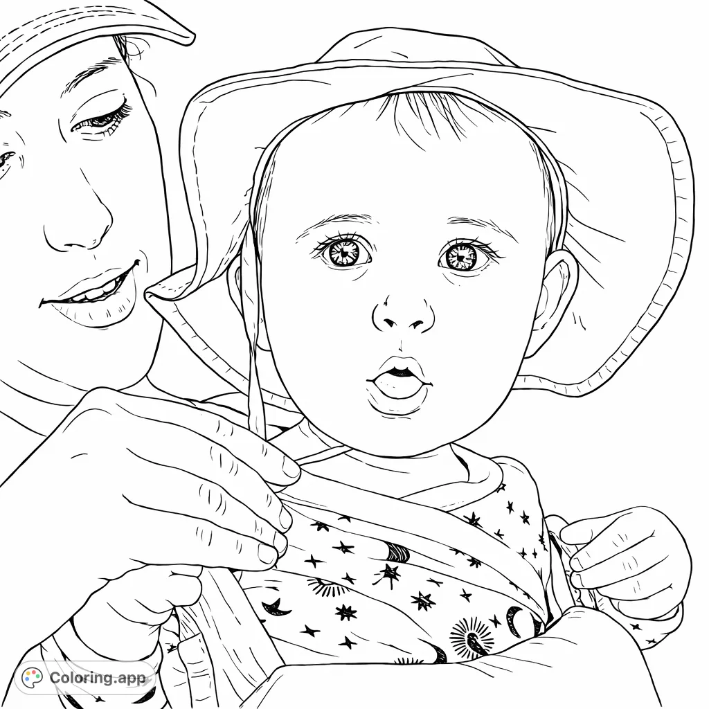 Adorable baby in a hat held by a parent outdoors. This heartwarming coloring page celebrates family bonds and simple joys.