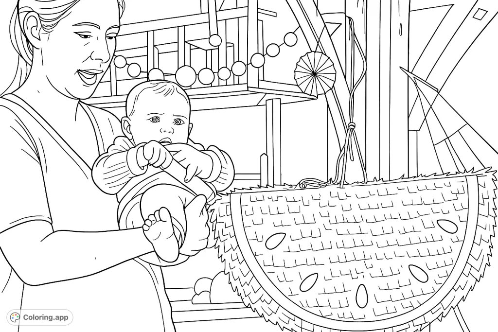 A heartwarming coloring page featuring a woman holding a curious baby about to strike a vibrant watermelon piñata, surrounded by festive decorations.