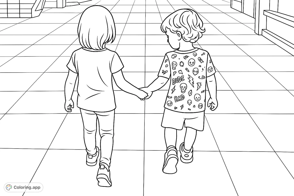 A heartwarming free printable children holding hands coloring page featuring two youngsters walking together, symbolizing connection and shared adventure.