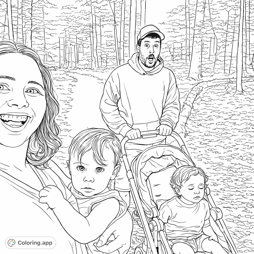 A charming family forest adventure coloring page featuring a cheerful mother, an expressive father, and two adorable babies on a woodland path.