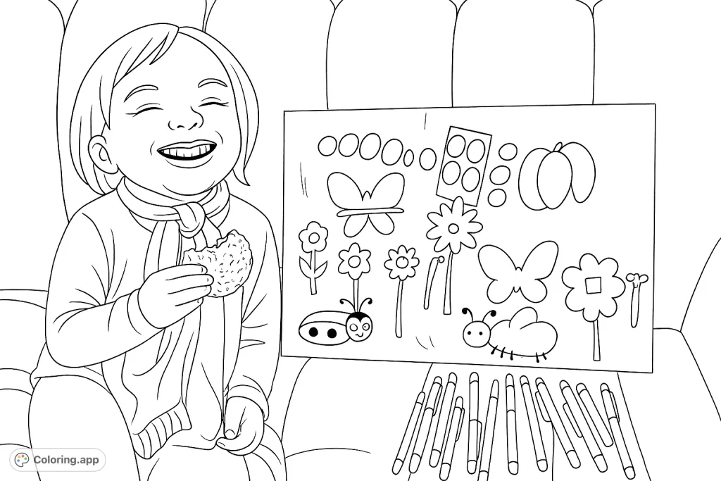 A cheerful child holds a cookie next to their imaginative artwork featuring butterflies, flowers, and friendly creatures. A perfect scene for creative coloring fun.