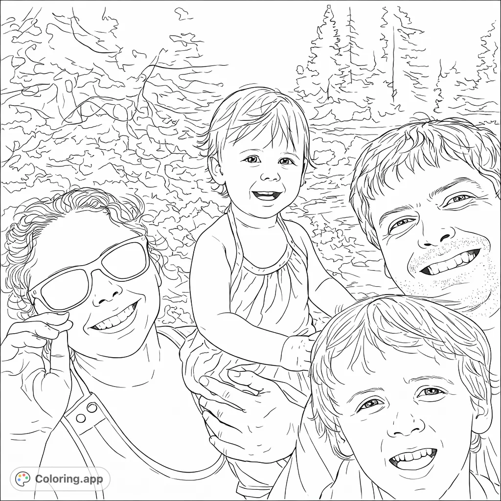 A heartwarming family outdoor adventure with two smiling adults and two cheerful children amidst natural foliage. Perfect for a simple, realistic coloring experience.