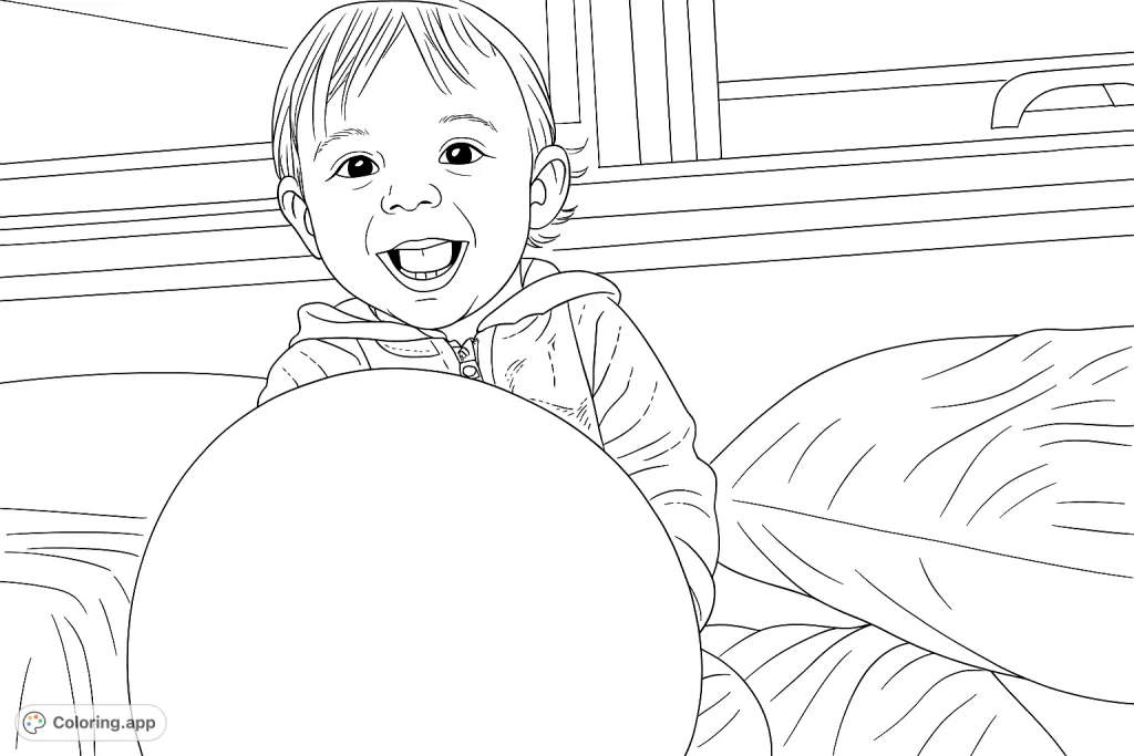 Capture the pure joy of a smiling child playing with a large balloon. A delightful scene for all ages to color, sparking imagination and happiness.