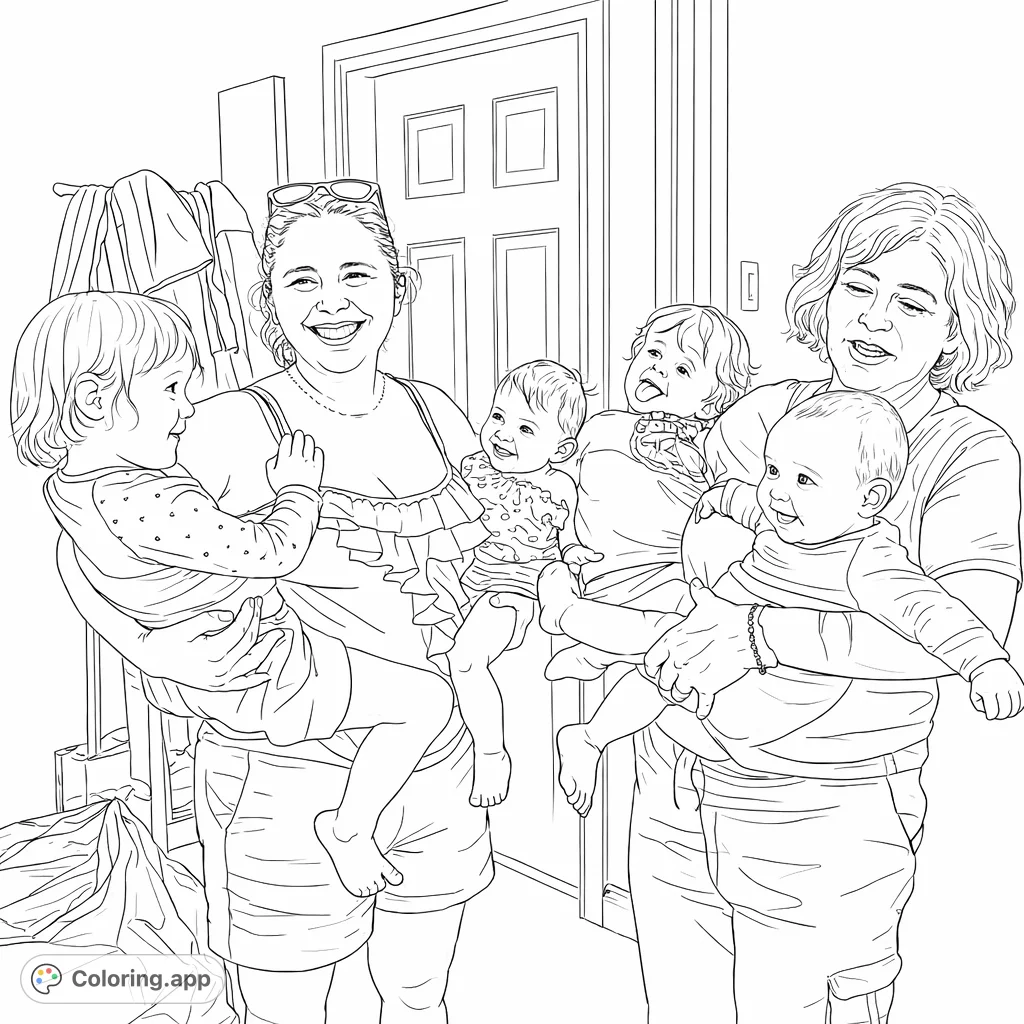 Capture the warmth of a family gathering! This lovely coloring page features two women embracing four happy children, perfect for celebrating family bonds.
