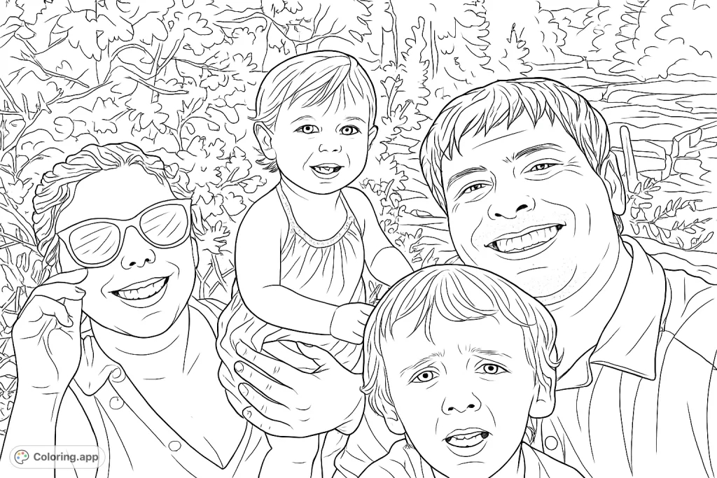 A heartwarming family portrait with smiling parents and children amidst a scenic outdoor backdrop, perfect for a personalized coloring experience.