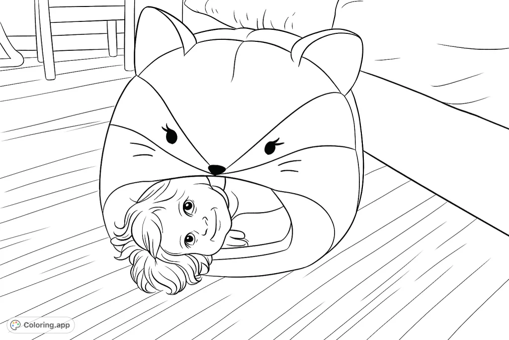 A delightful fox plushie with a child peeking out, inviting creative coloring. Perfect for sparking imagination in a playful scene.