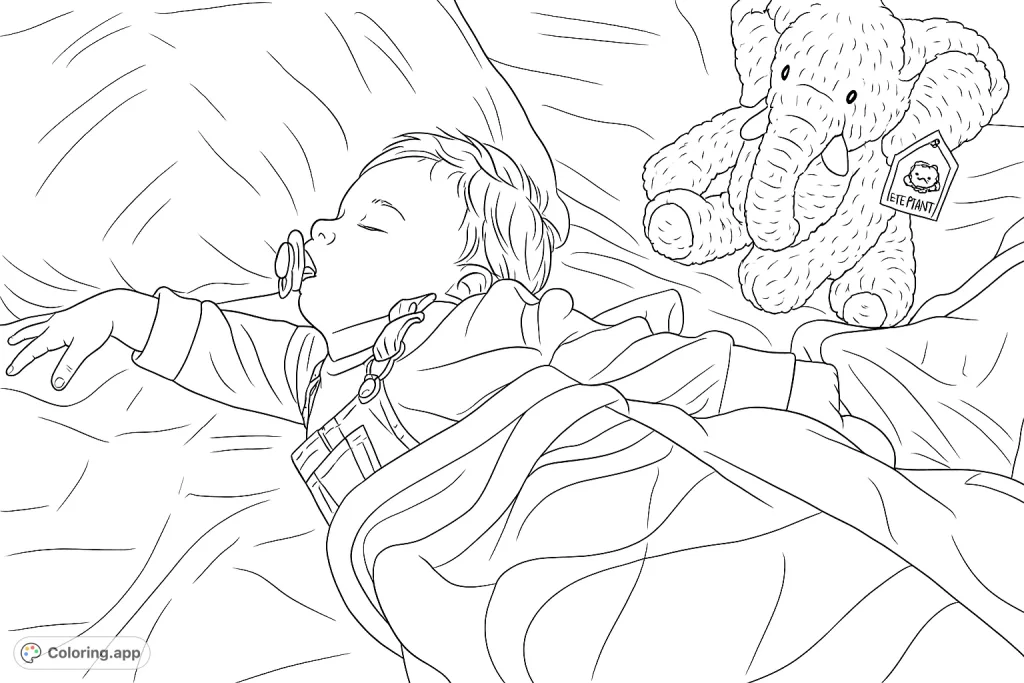 A sweet baby sleeps peacefully on a soft bed with a plush elephant toy nearby, wrapped in a cozy, striped blanket. A perfect scene for gentle coloring.