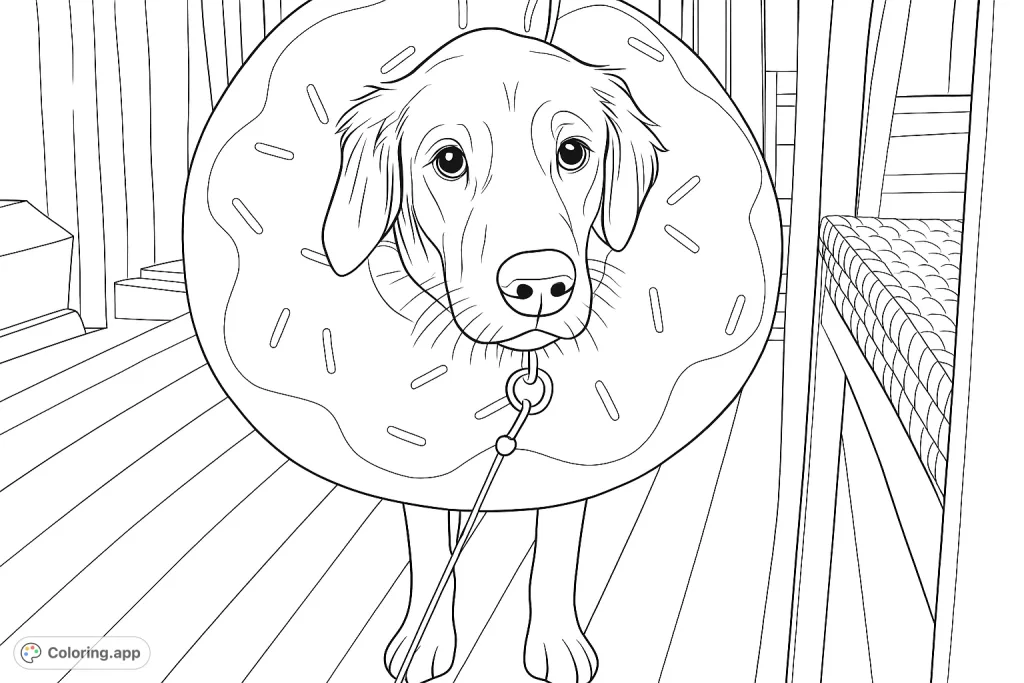 A playful puppy in a charming donut costume, complete with frosting and sprinkles. A delightful scene perfect for all ages to color with joy!