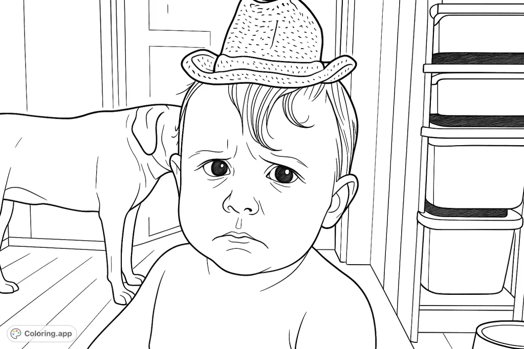 A charming coloring page featuring an adorable toddler wearing a sparkly hat, with a watchful dog and toy storage in the background. Perfect for creative fun!