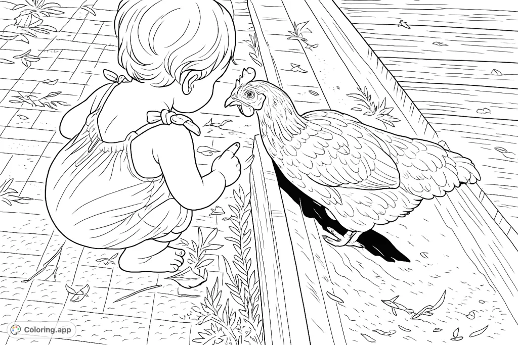 A charming farm animal coloring page featuring a curious toddler interacting with a friendly chicken, set against a rustic outdoor backdrop.