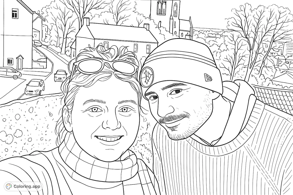 A cheerful couple takes a selfie overlooking a scenic town with historic buildings and winding streets. A delightful urban landscape to bring to life.