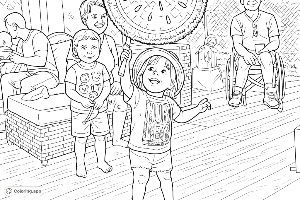 A delightful coloring page featuring children at a festive outdoor gathering with a fun watermelon pinata, perfect for sparking joy and creativity.