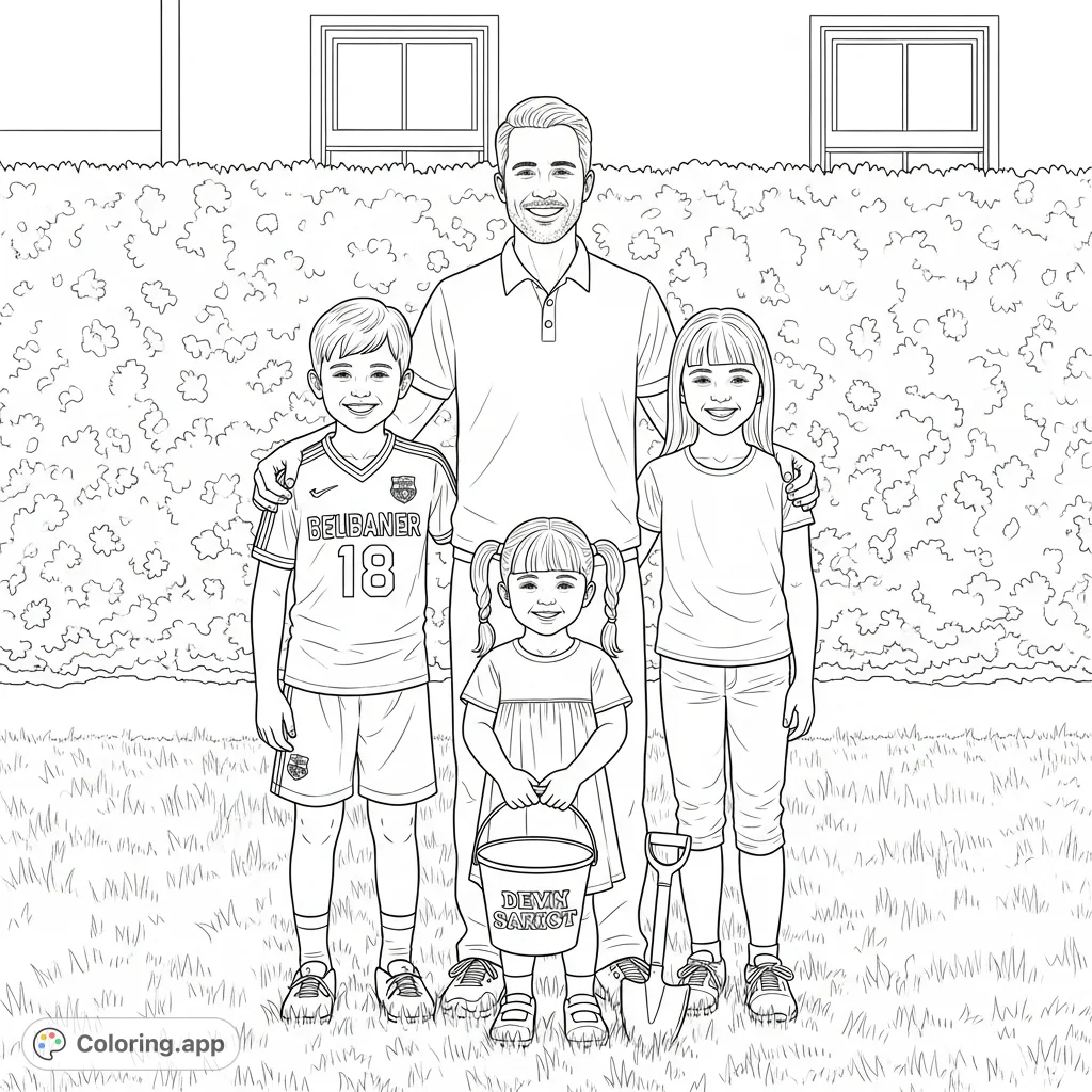 Capture a heartwarming family moment! This engaging group portrait features a man, two girls, a boy in a jersey, and a small girl with a bucket.