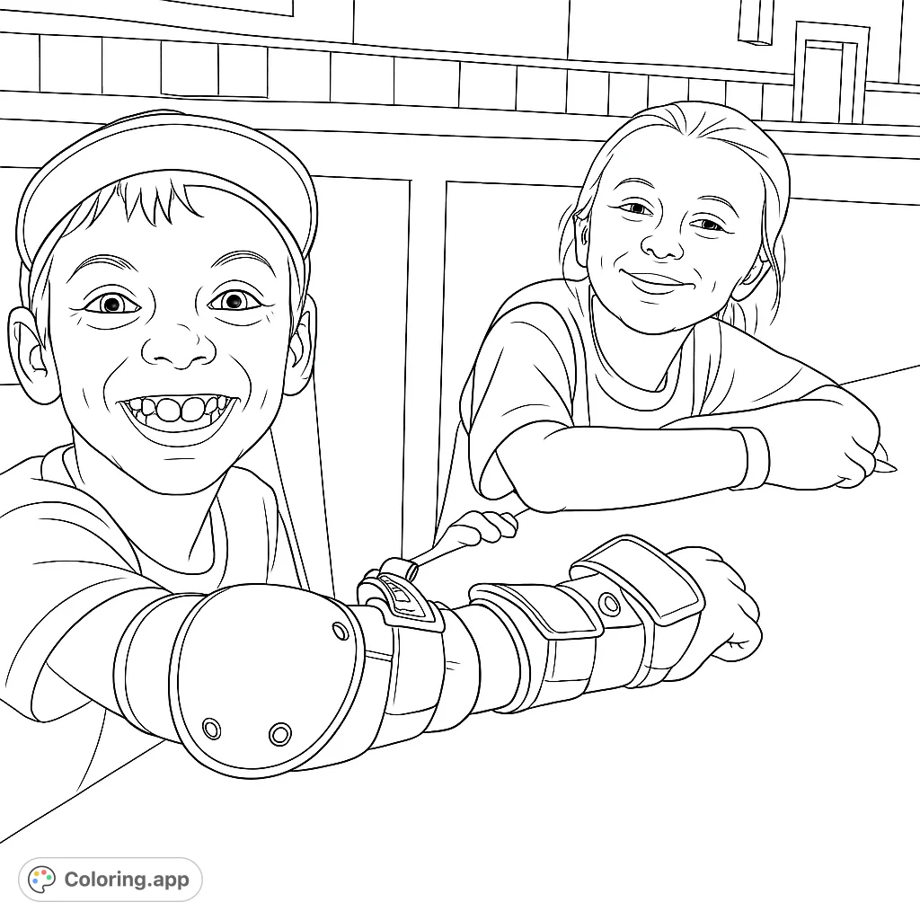 Capture the infectious smiles of two happy children in this engaging coloring page. Perfect for celebrating friendship and fun times indoors.