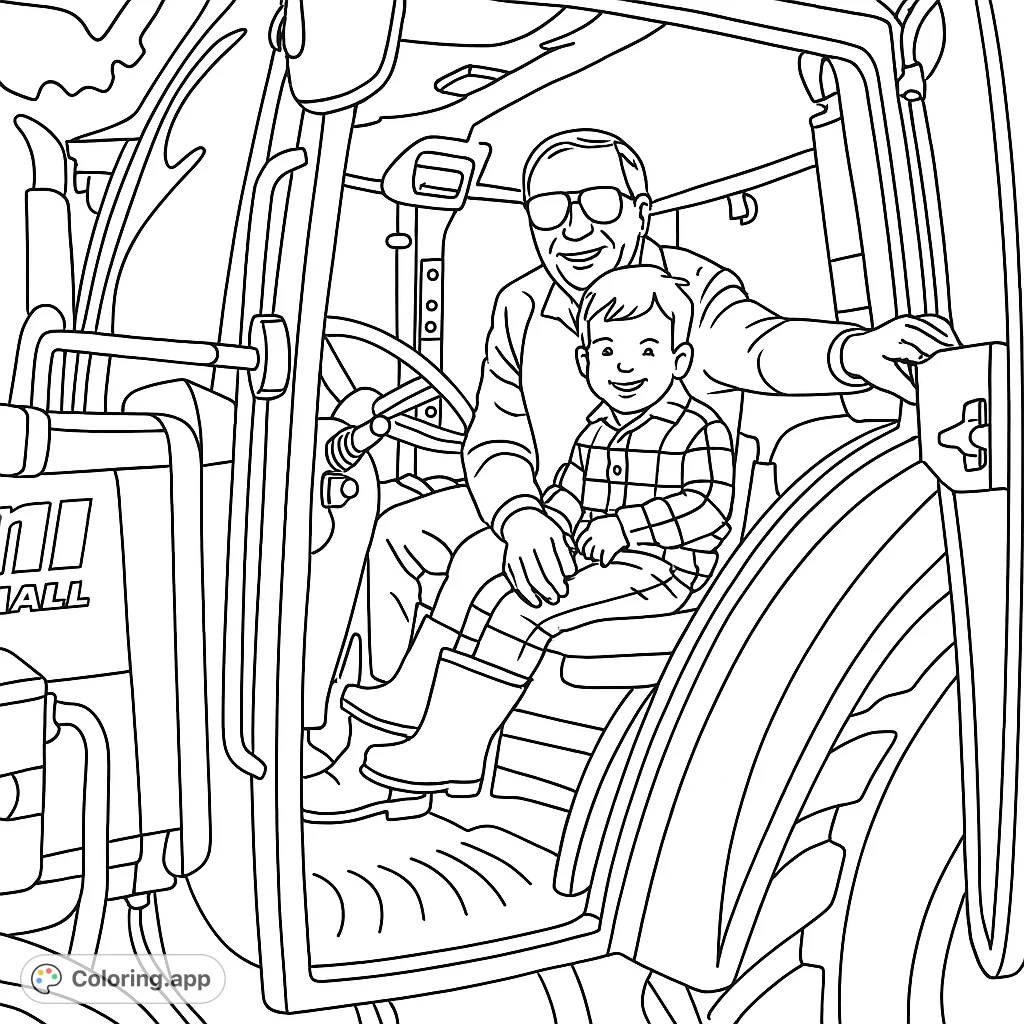 A delightful tractor coloring page showing a man and a child smiling together in a big tractor. Enjoy this easy, heartwarming farm vehicle scene for creative fun.