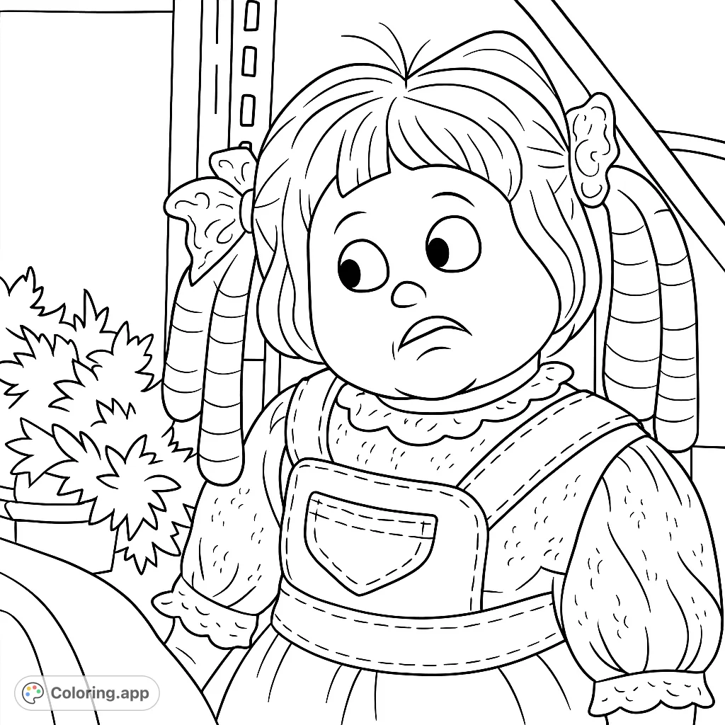 A whimsical doll with curly pigtails and a curious expression, dressed in denim overalls. Perfect for a fun coloring session.