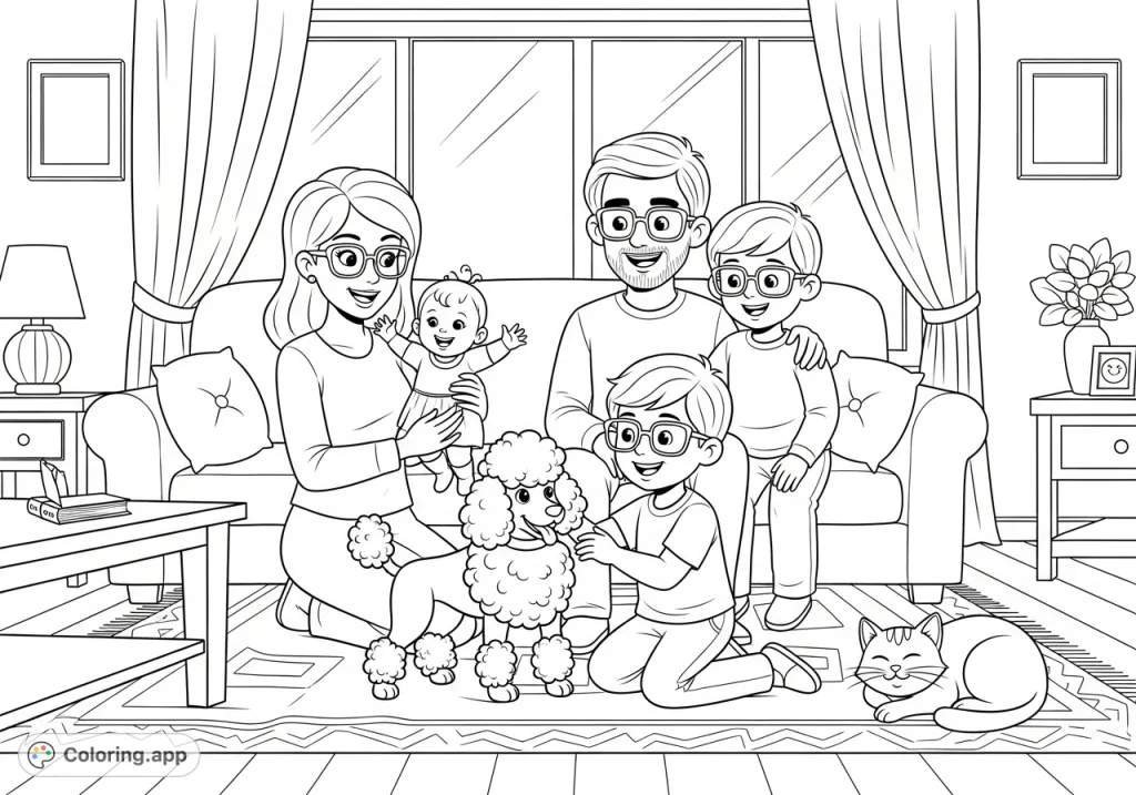A heartwarming family of five, with two boys, a baby girl, a poodle, and a cat, enjoying a cozy moment together in their living room. A delightful family coloring page.