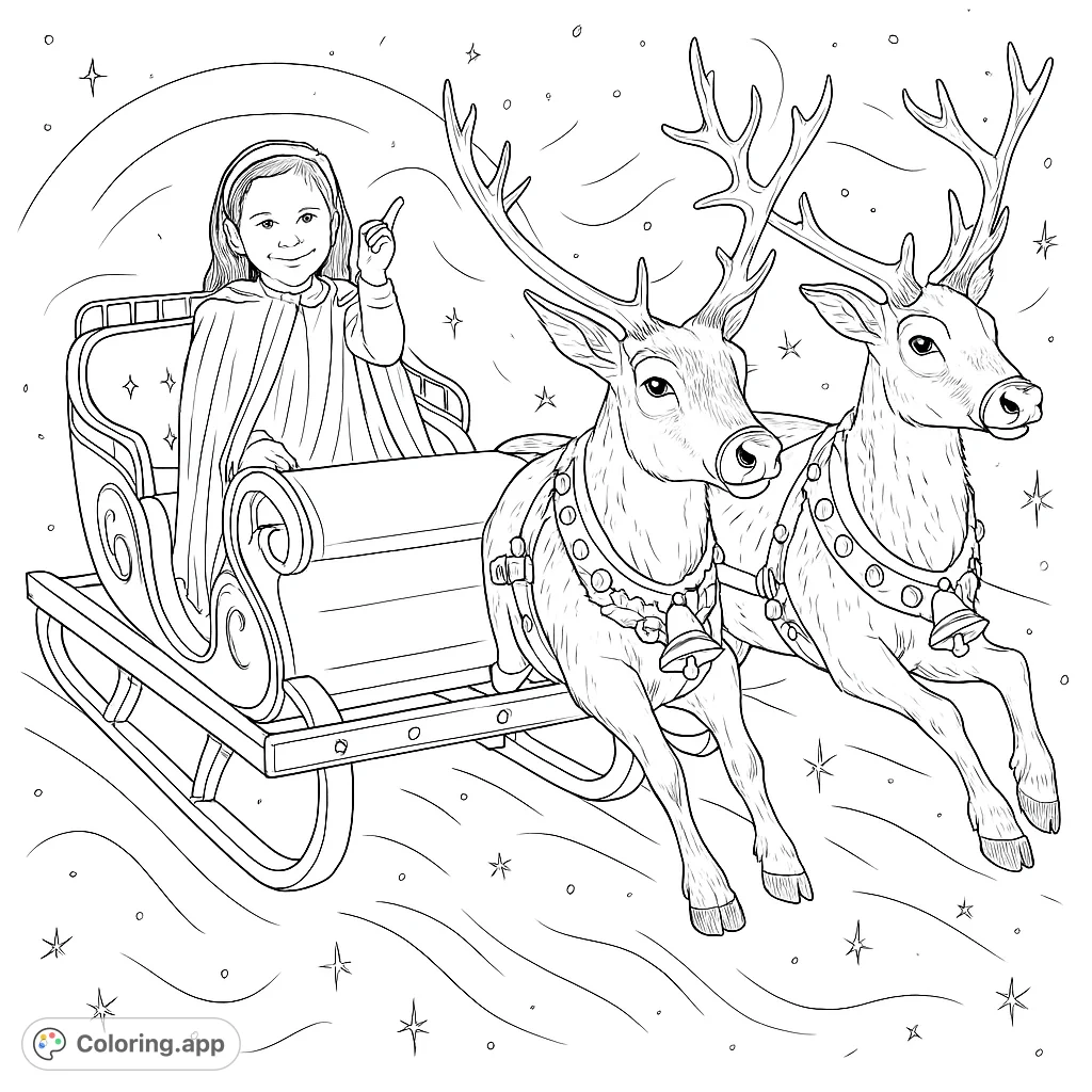Embark on a magical winter adventure! A smiling child rides an ornate sleigh, pulled by majestic reindeer through a sparkling, snowy night sky under a luminous moon.