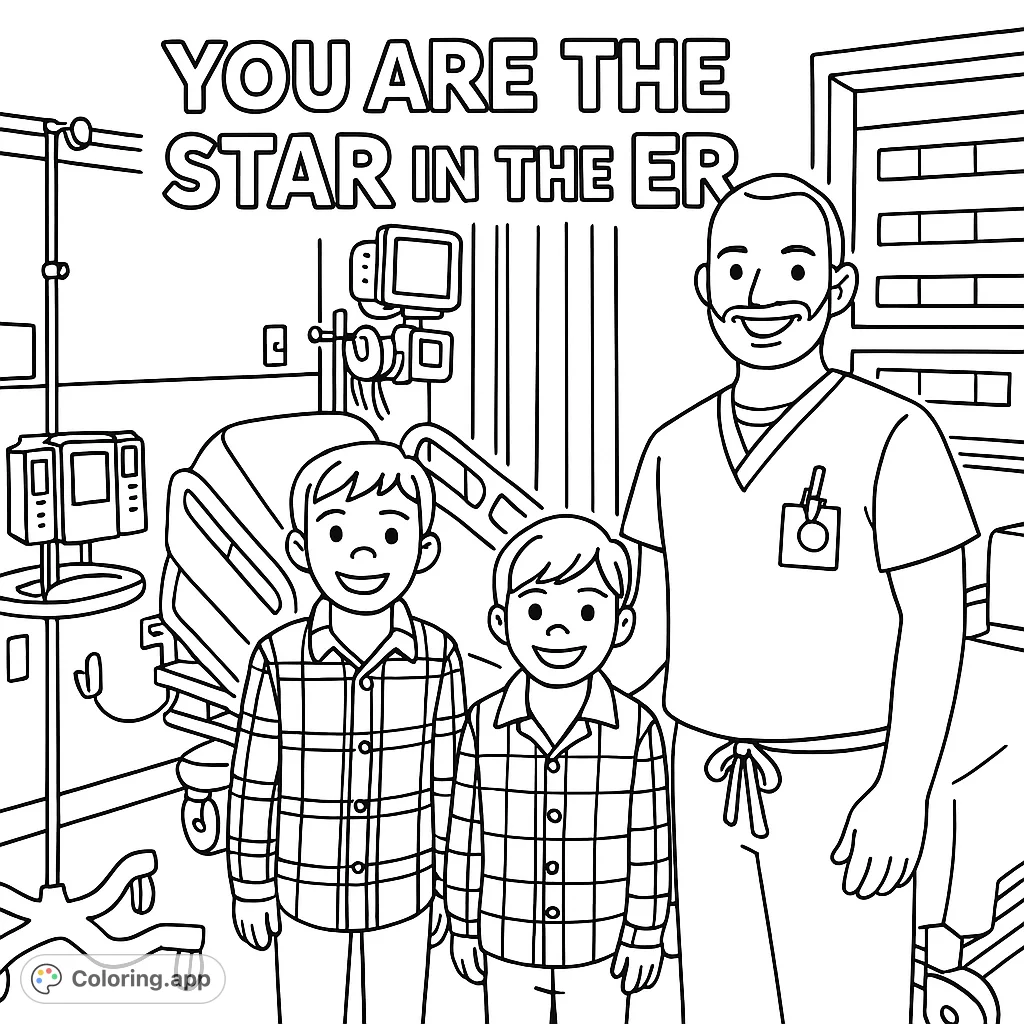 Step into a friendly ER scene featuring a kind doctor and two smiling children. A simple, cartoony hospital coloring page with bold outlines.