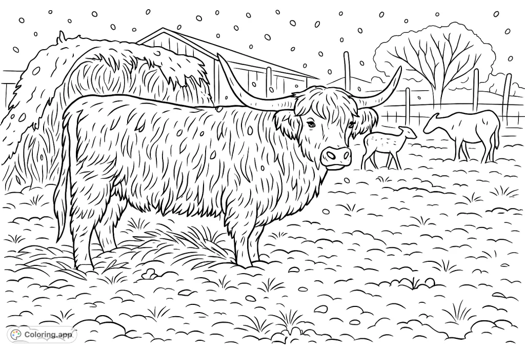 Color a charming Highland cow in a snowy field, surrounded by hay bales and distant farm structures. Perfect for animal lovers!