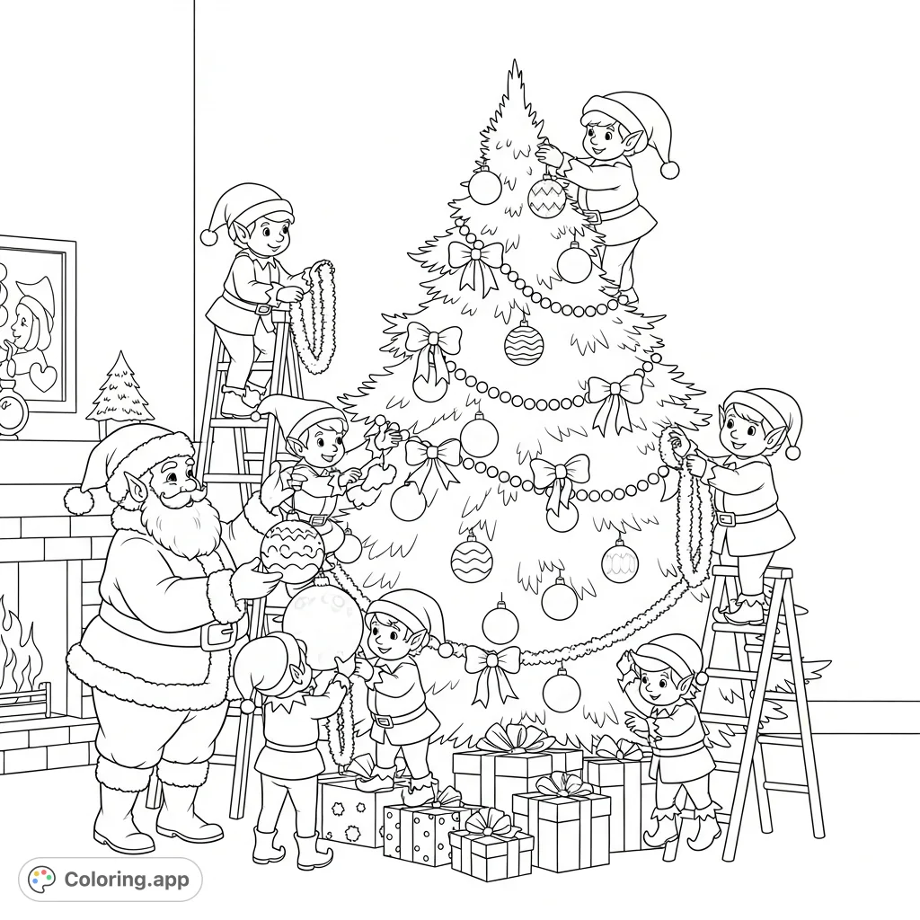 A festive Christmas scene with Santa and his lively elves diligently decorating a grand Christmas tree, adorned with various ornaments and garlands.
