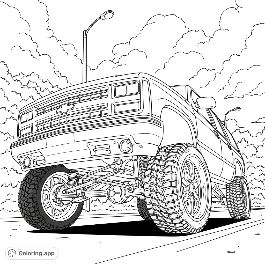 Explore this imposing lifted off-road SUV coloring page with its detailed suspension, massive wheels, and a rugged background. Perfect for automotive enthusiasts.