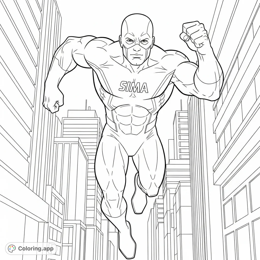 Unleash your creativity with Sima, the fast Avengers-themed superhero, speeding through a city. A dynamic coloring page for all hero fans!