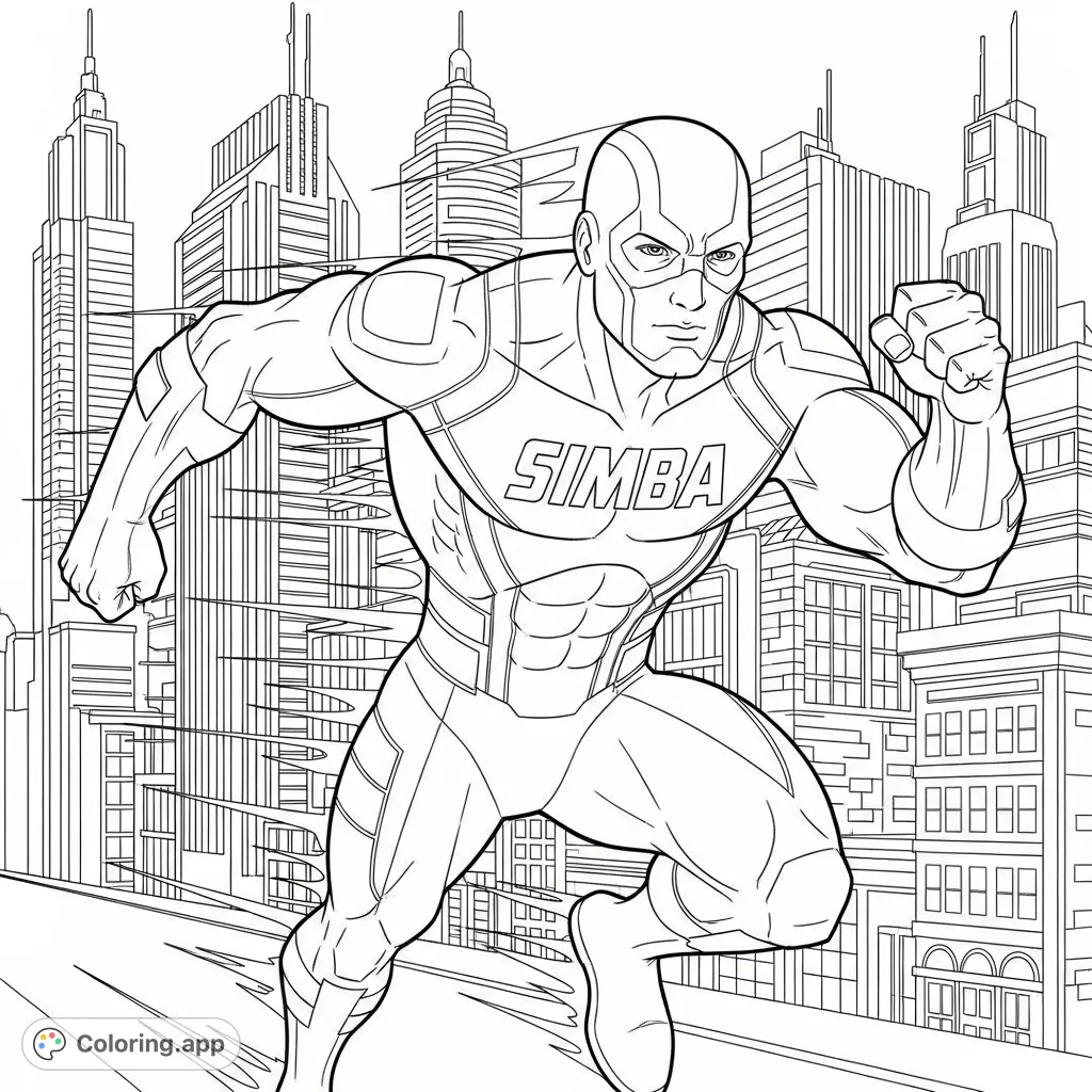 Unleash your creativity with this dynamic Simba superhero coloring page! Features a powerful hero in a high-speed dash across a vibrant cityscape.