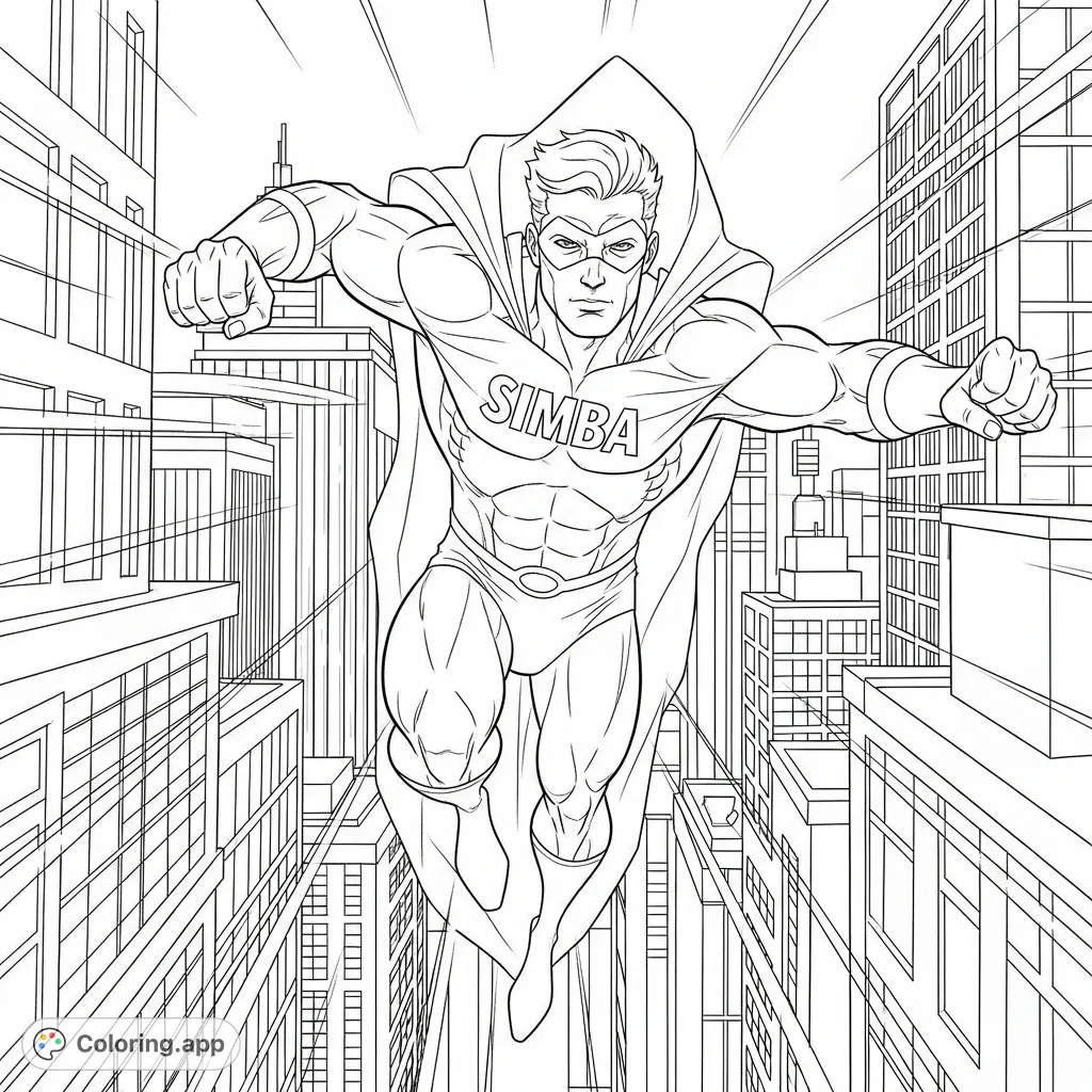 Leap into action with this Simba Superhero coloring page! A powerful hero in an eye mask and 'Simba' emblem soars between towering city buildings, perfect for all ages.
