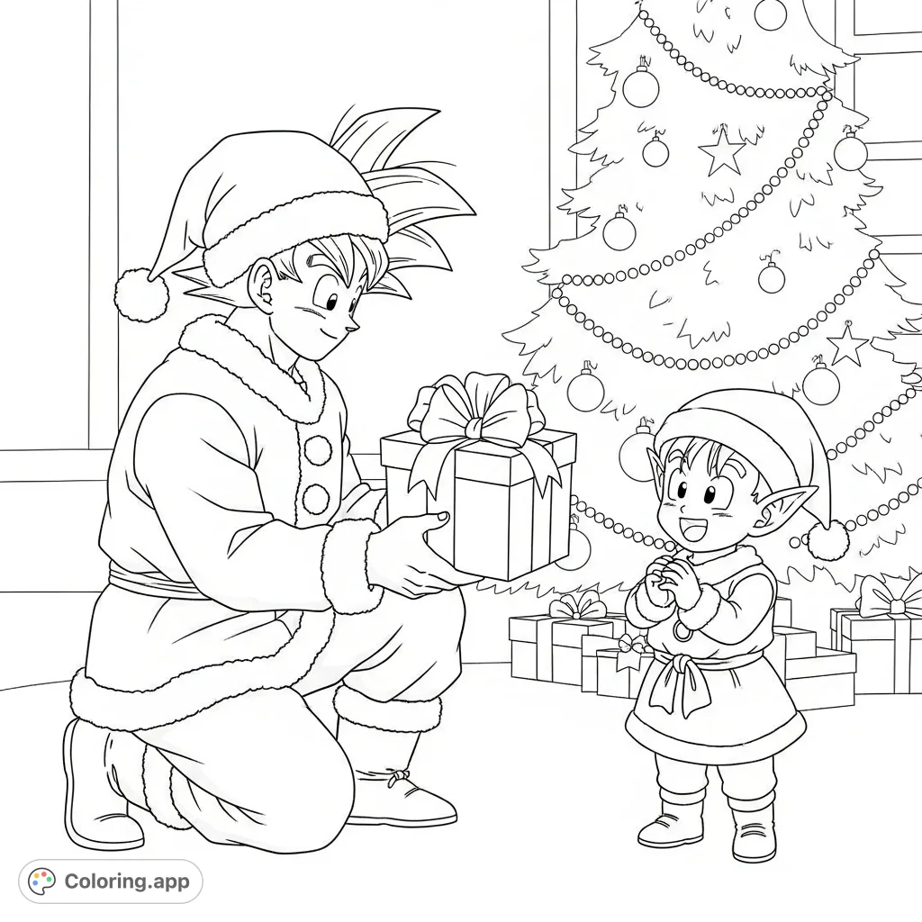 A delightful Dragon Ball Z Christmas coloring page featuring Sangoku as Santa, presenting a gift to an excited Sangohan in an elf outfit, with a festive tree.