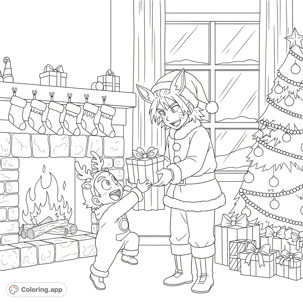 Join Sangoku and Sangohan in a heartwarming, festive scene! This Dragon Ball Z holiday coloring page captures a special father-son gift exchange by a cozy fireplace and Christmas tree.