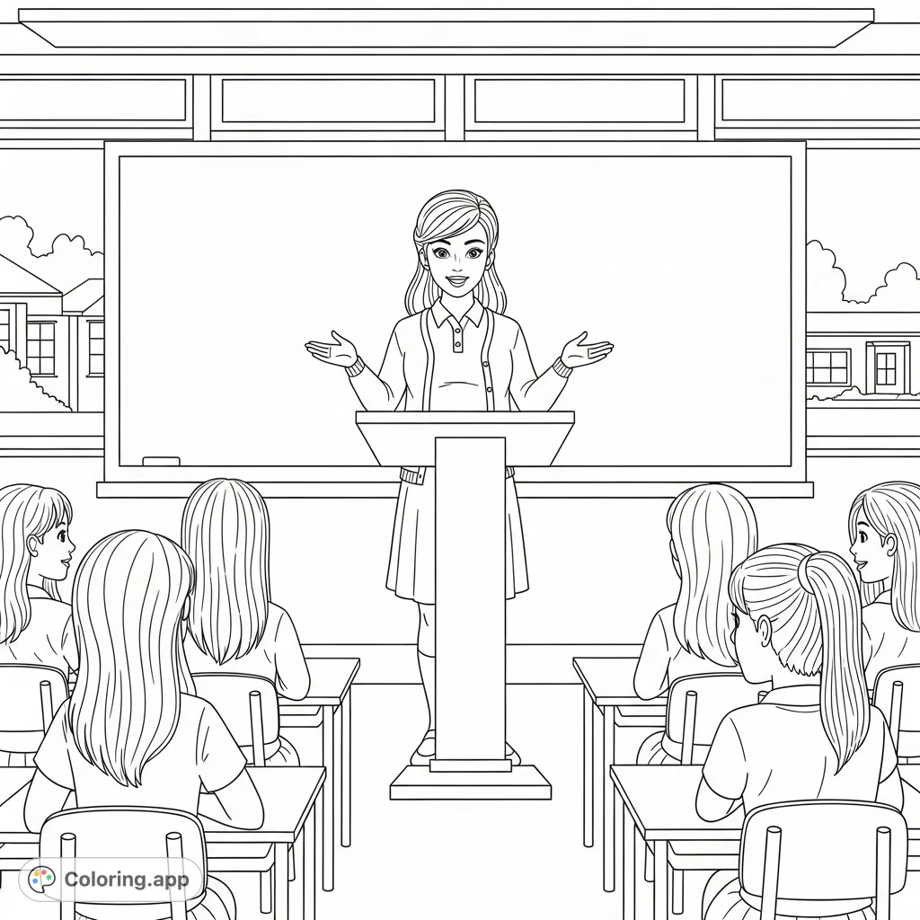 A high school girl confidently delivers a speech at a lectern to an attentive classroom of female students, perfect for school-themed coloring.