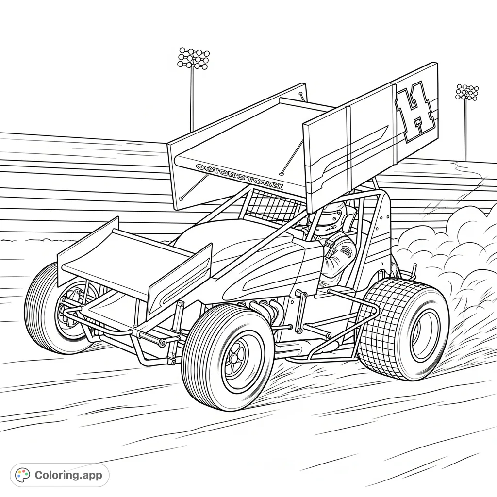 Dynamic sprint car coloring page depicting a powerful vehicle mid-turn on a dirt track, kicking up dust with a focused driver. Perfect for racing fans!