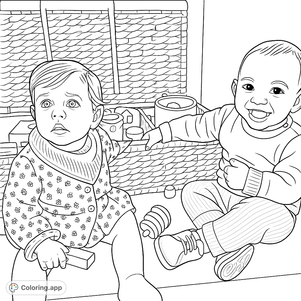 Two adorable infants joyfully playing with toys next to a woven basket, capturing a moment of innocent curiosity and laughter. Free printable fun!
